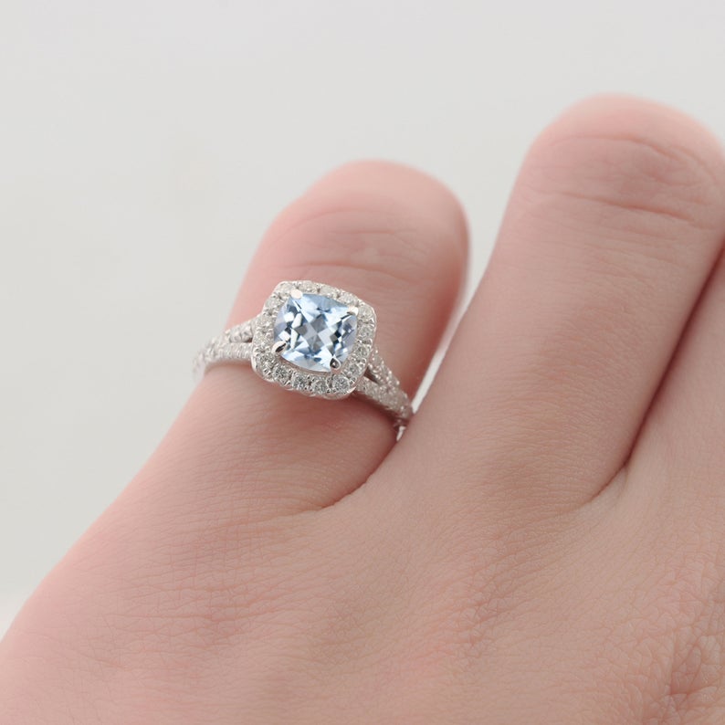 1.1 CT Cushion Cut Aquamarine Diamond 925 Sterling Silver Halo Promise Ring