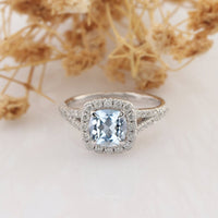 1.1 CT Cushion Cut Aquamarine Diamond 925 Sterling Silver Halo Promise Ring