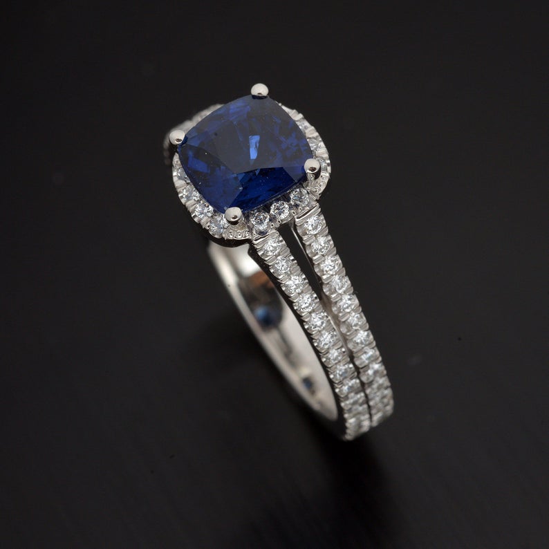 1 CT Cushion Cut Blue Sapphire Diamond 925 Sterling Silver Halo Engagement Ring