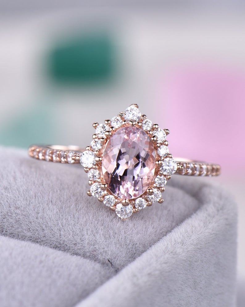 1 CT Oval Cut Pink Morganite CZ Diamond Rose Gold Over On 925 Sterling Silver Halo Promise Ring