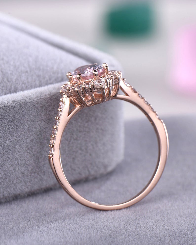 1 CT Oval Cut Pink Morganite CZ Diamond Rose Gold Over On 925 Sterling Silver Halo Promise Ring