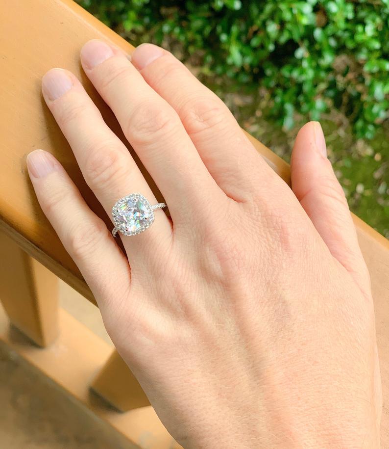 1 CT Cushion Cut White Topaz Diamond White Gold Over On 925 Sterling Silver Halo Promise Ring
