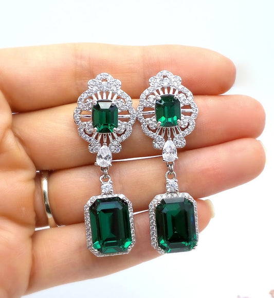 4.00 Ct Emerald Cut Green Emerald Gorgeous Bridal Wedding Earrings In 925 Sterling Silver