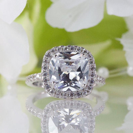 1 CT Cushion Cut White Topaz Diamond White Gold Over On 925 Sterling Silver Halo Promise Ring
