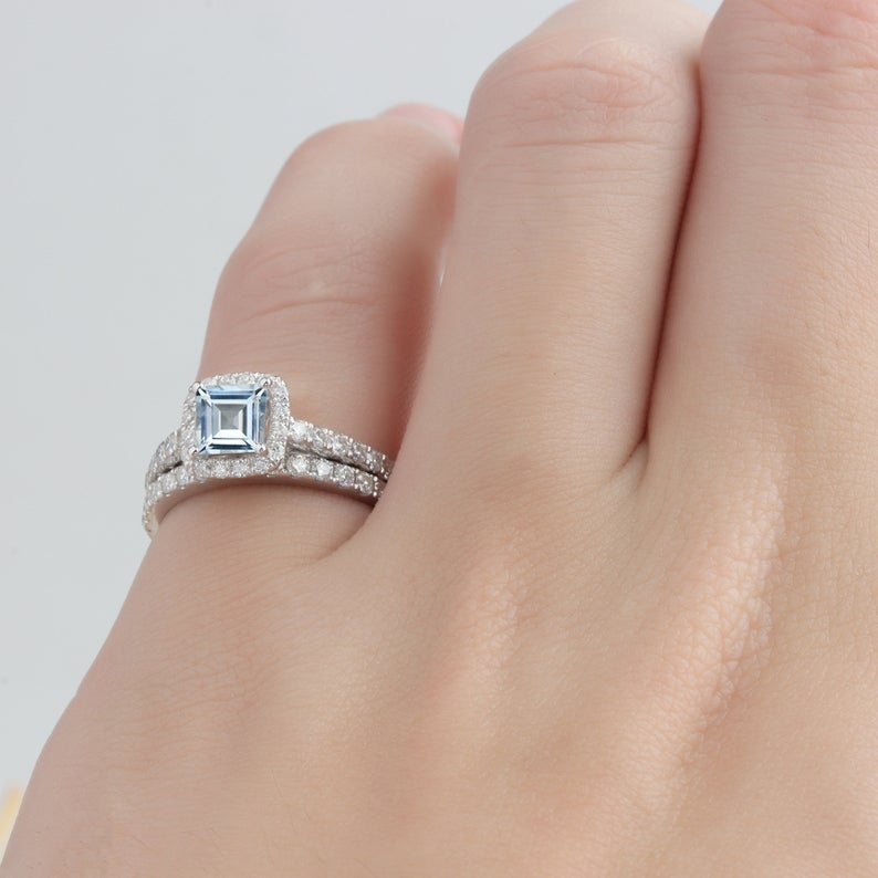 1 CT Princess Cut Aquamarine Diamond 925 Sterling Silver Halo Wedding Set