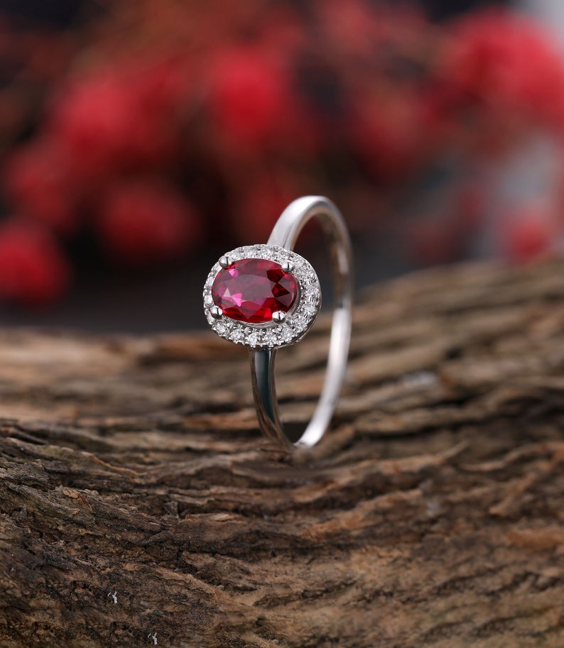 1 CT Oval Cut Red Ruby Diamond 925 Sterling Silver Halo Wedding Ring