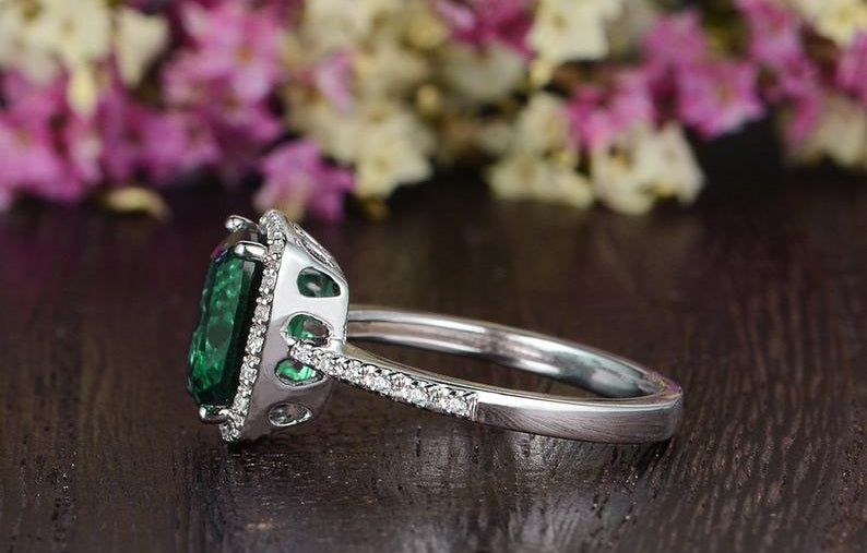 3.20 Ct Cushion Cut Green Emerald White Gold Over On 925 Sterling Silver Halo Ring