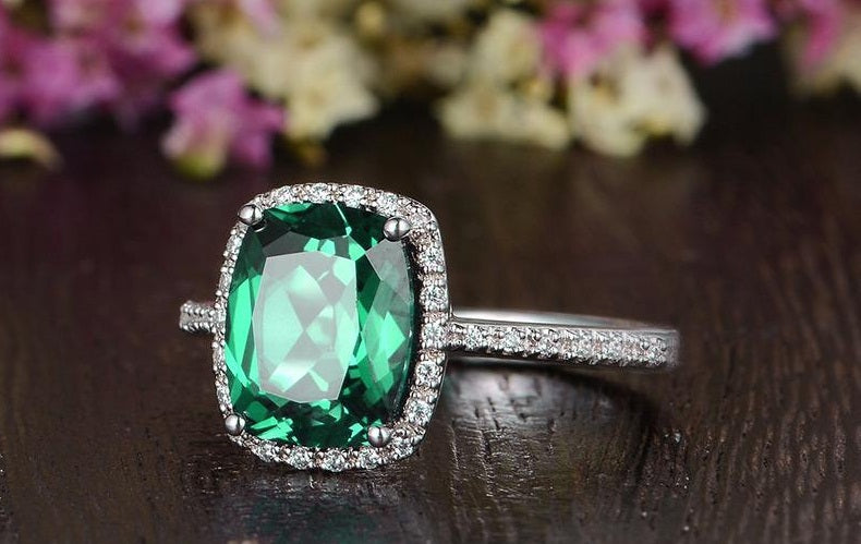 3.20 Ct Cushion Cut Green Emerald White Gold Over On 925 Sterling Silver Halo Ring