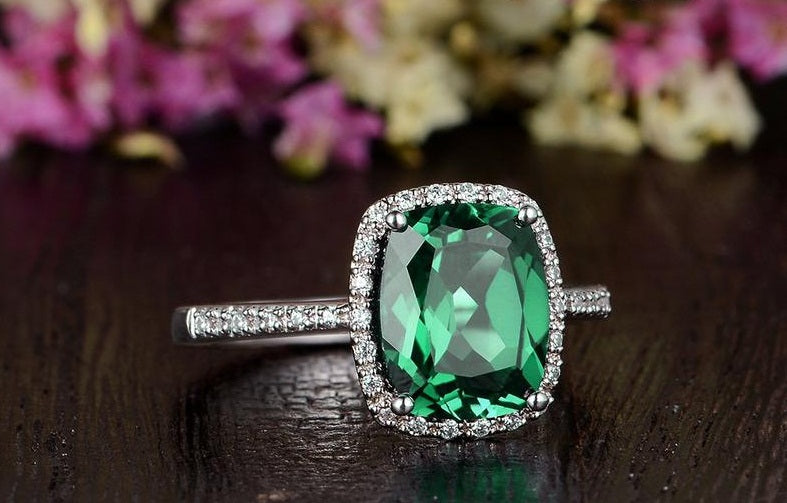 3.20 Ct Cushion Cut Green Emerald White Gold Over On 925 Sterling Silver Halo Ring
