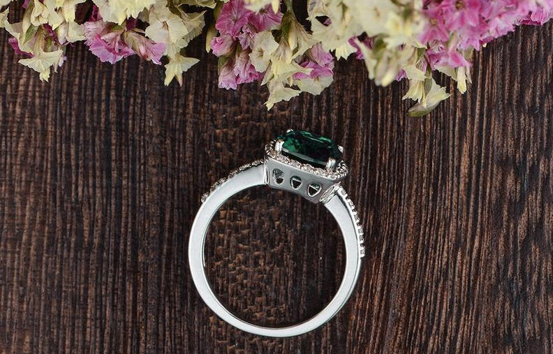 3.20 Ct Cushion Cut Green Emerald White Gold Over On 925 Sterling Silver Halo Ring