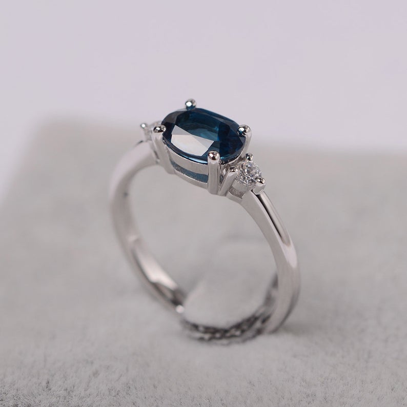 1.20 Ct Oval Cut London Blue Topaz 925 Sterling Silver Three-Stone Engagement Ring