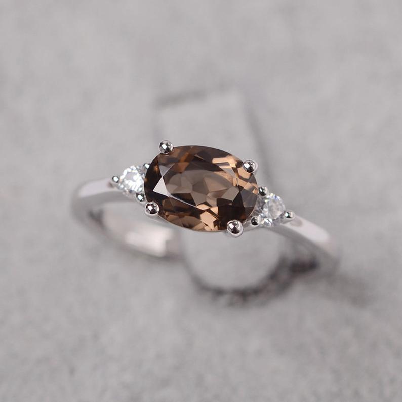 1.20 Ct Oval Cut Smoky Quartz 925 Sterling Silver Three-Stone Promise Ring