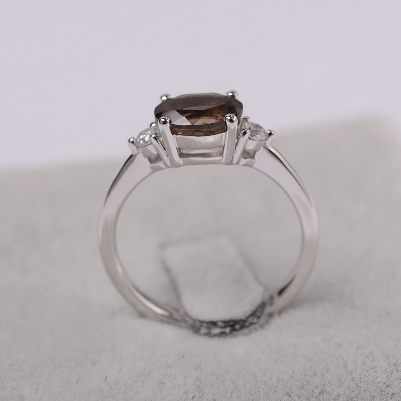 1.20 Ct Oval Cut Smoky Quartz 925 Sterling Silver Three-Stone Promise Ring