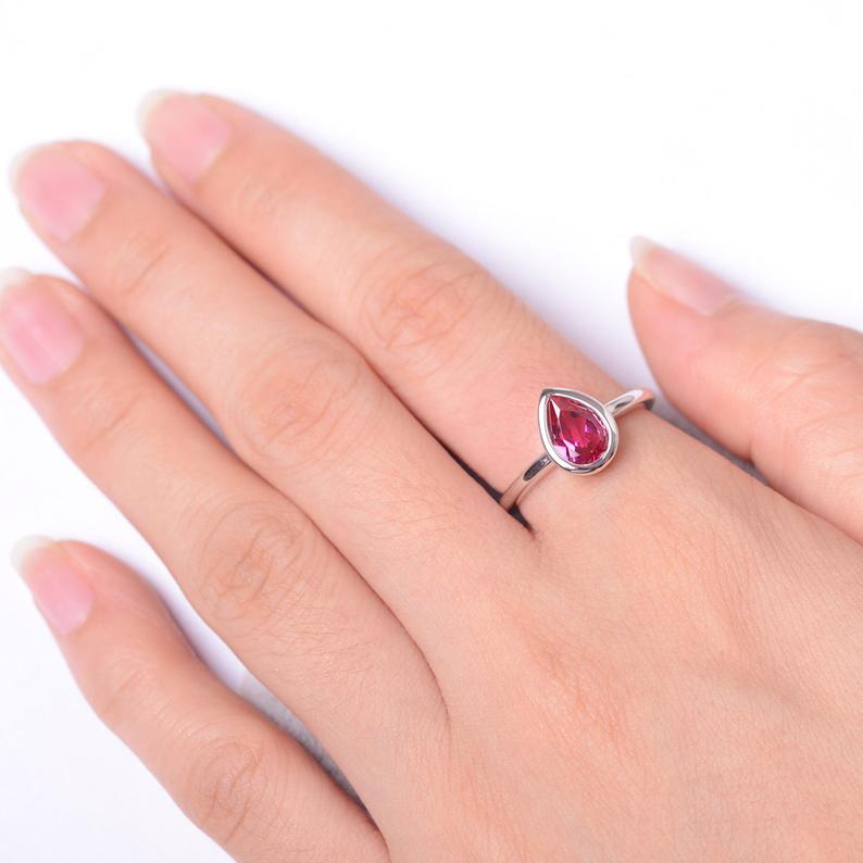 1.00 Ct Pear Cut Pink Ruby Solitaire July Birthstone Ring In 925 Sterling Silver