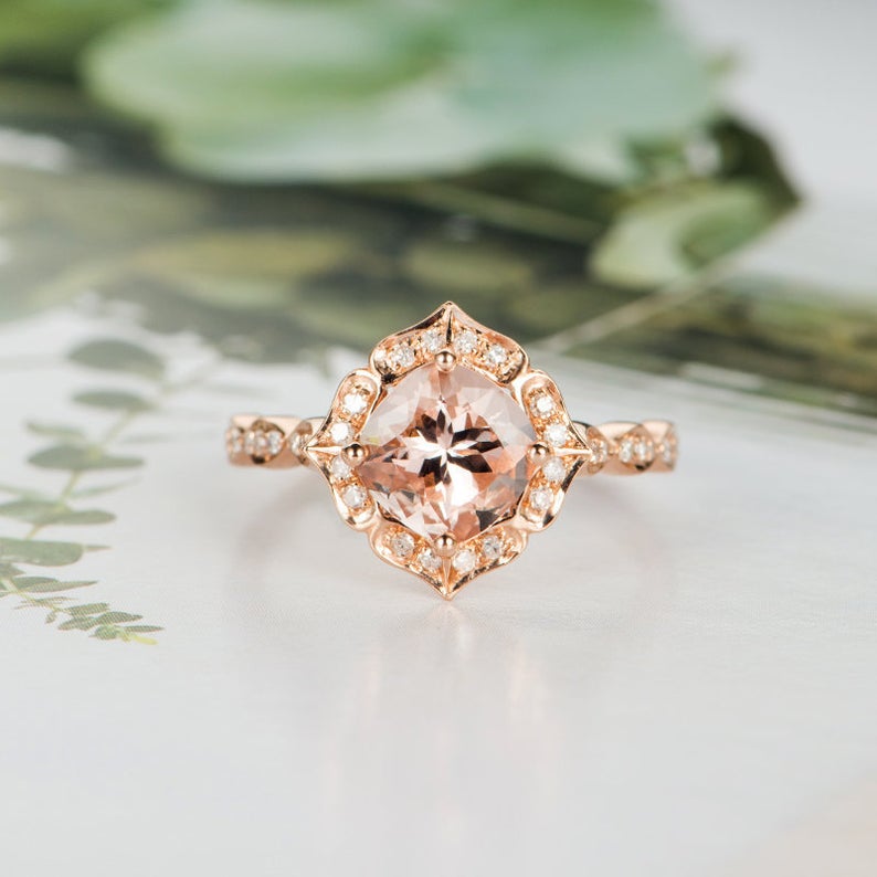 CT Cushion Cut Morganite Diamond Rose Gold Over On 925 Sterling Silver  Floral Engagement Ring