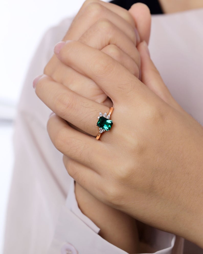2.50 CT Emerald Cut Green Emerald Rose Gold Over On 925 Sterling Silver Cluster Engagement Ring