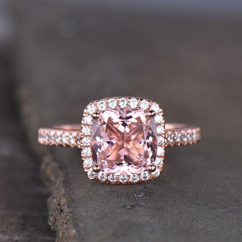 2.25 Ct Cushion Cut Pink Morganite Rose Gold Over On 925 Sterling Silver Halo Wedding Ring