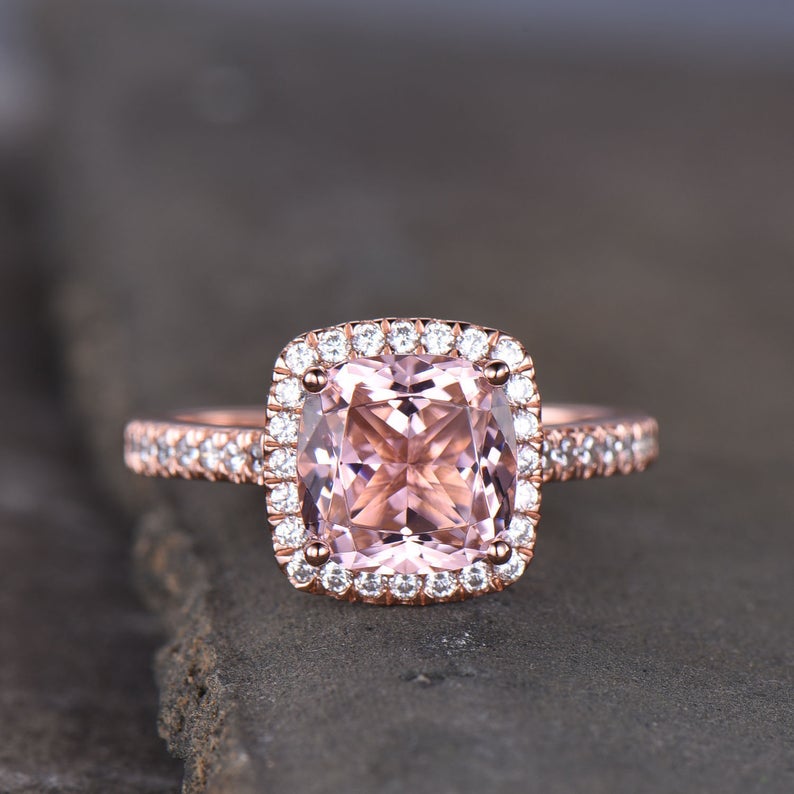 2 CT Cushion Cut Pink Morganite Diamond 925 Sterling Sliver Engagement Halo Promise Ring  Promise Ring