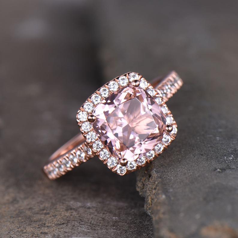 2.25 Ct Cushion Cut Pink Morganite Rose Gold Over On 925 Sterling Silver Halo Wedding Ring