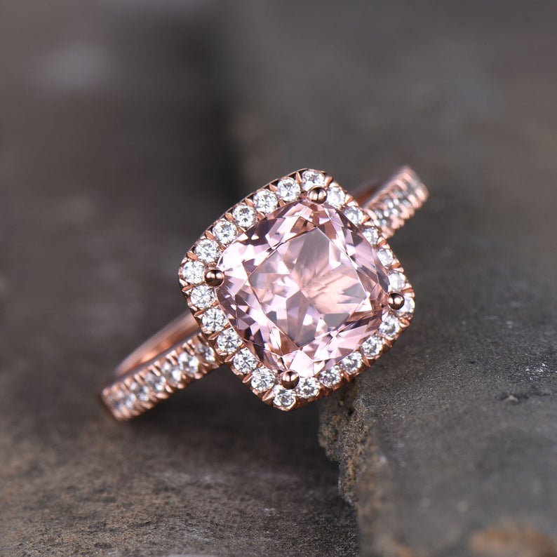 2 CT Cushion Cut Pink Morganite Diamond 925 Sterling Sliver Engagement Halo Promise Ring  Promise Ring