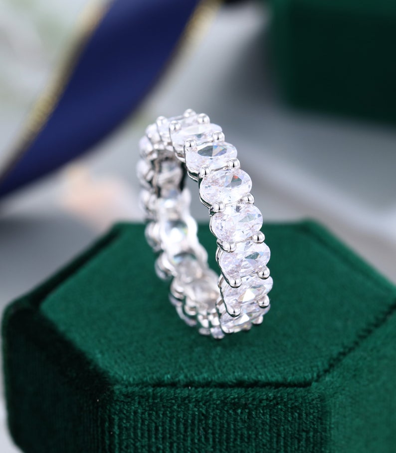 1 CT Oval Cut Moissnaite White Gold Over On 925 Sterling Silver Full Eternity Wedding Bnad Ring