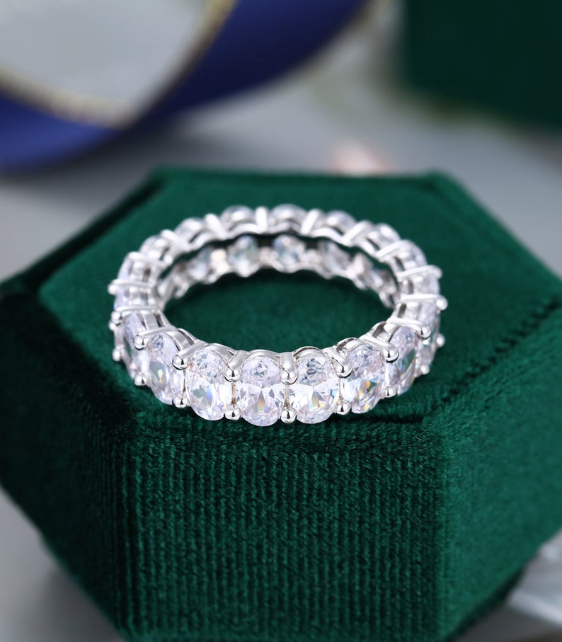 1 CT Oval Cut Moissnaite White Gold Over On 925 Sterling Silver Full Eternity Wedding Bnad Ring