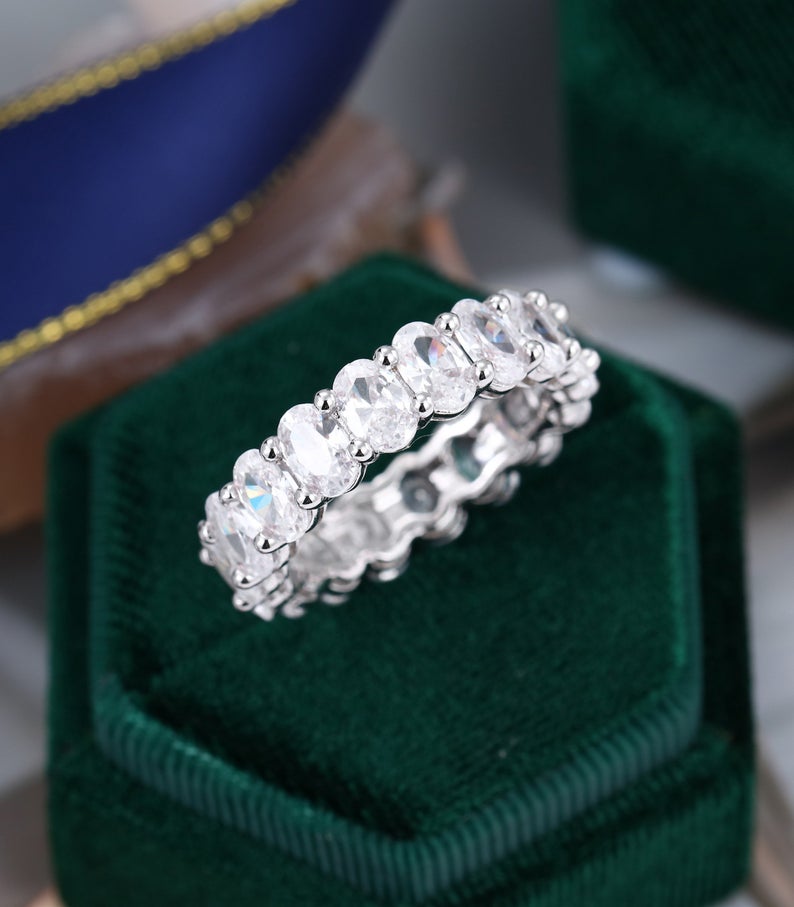 1 CT Oval Cut Moissnaite White Gold Over On 925 Sterling Silver Full Eternity Wedding Bnad Ring
