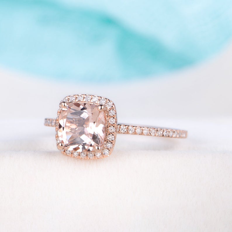 1 CT Cushion Cut Morganite Diamond Rose Gold Over On 925 Sterling Silver Halo Engagement Ring