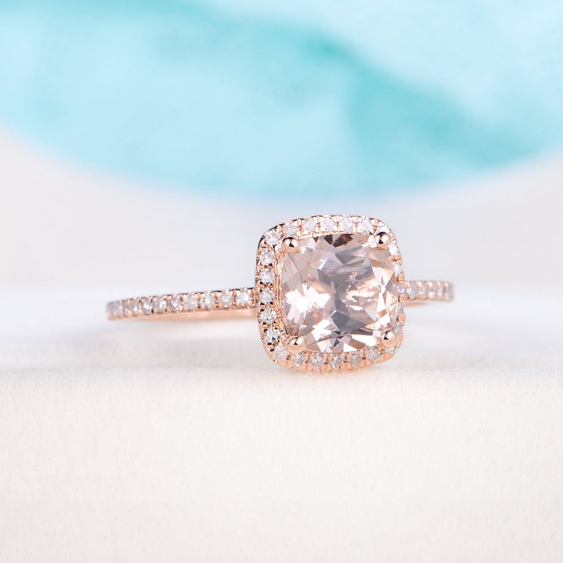 1 CT Cushion Cut Morganite Diamond Rose Gold Over On 925 Sterling Silver Halo Engagement Ring