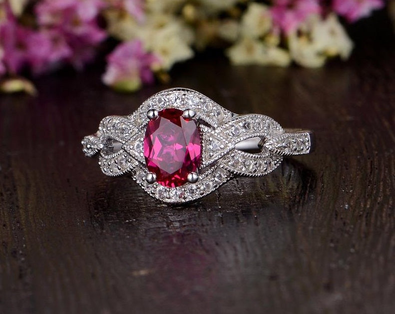 2.75 Ct Oval Cut Red Ruby White Gold Over On 925 Sterling Silver Love Knot Engagement Ring