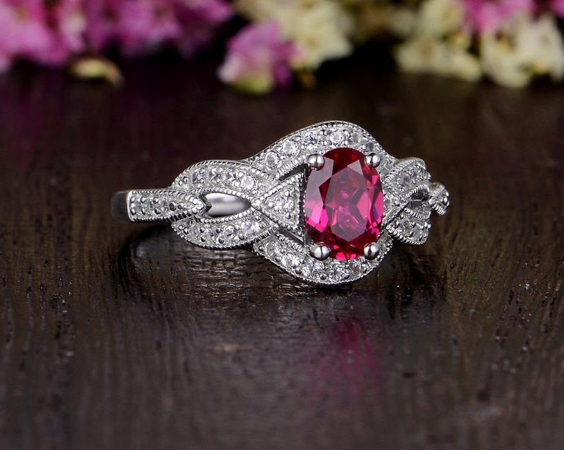 2.75 Ct Oval Cut Red Ruby White Gold Over On 925 Sterling Silver Love Knot Engagement Ring