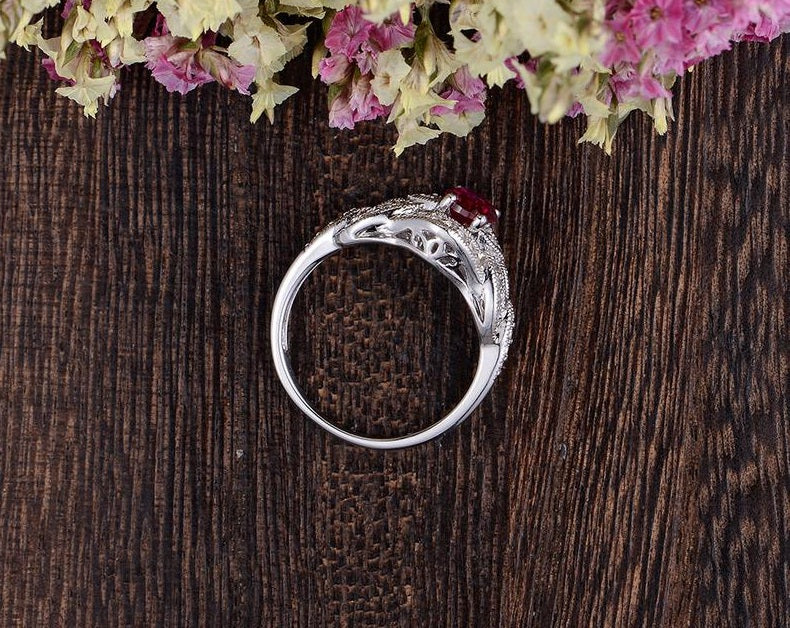 2.75 Ct Oval Cut Red Ruby White Gold Over On 925 Sterling Silver Love Knot Engagement Ring