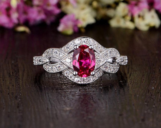 2.75 Ct Oval Cut Red Ruby White Gold Over On 925 Sterling Silver Love Knot Engagement Ring