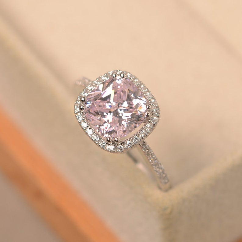 2.50 Ct Cushion Cut Pink Sapphire 925 Sterling Silver Halo Engagement Wedding Ring