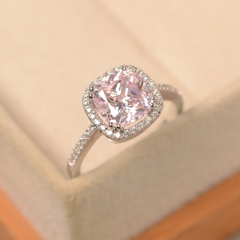 2.50 Ct Cushion Cut Pink Sapphire 925 Sterling Silver Halo Engagement Wedding Ring