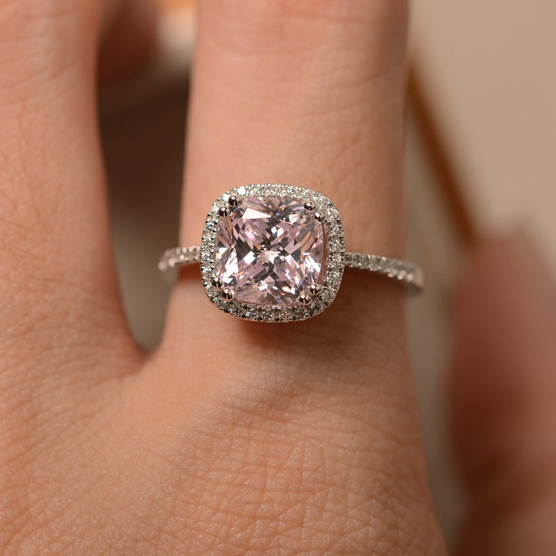 2.50 Ct Cushion Cut Pink Sapphire 925 Sterling Silver Halo Engagement Wedding Ring