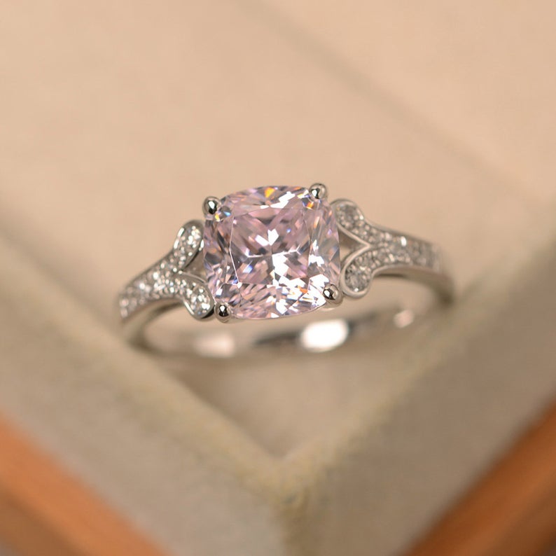 Ct Cushion Cut Pink Sapphire 925 Sterling Silver Solitaire W/Accents Engagement Ring
