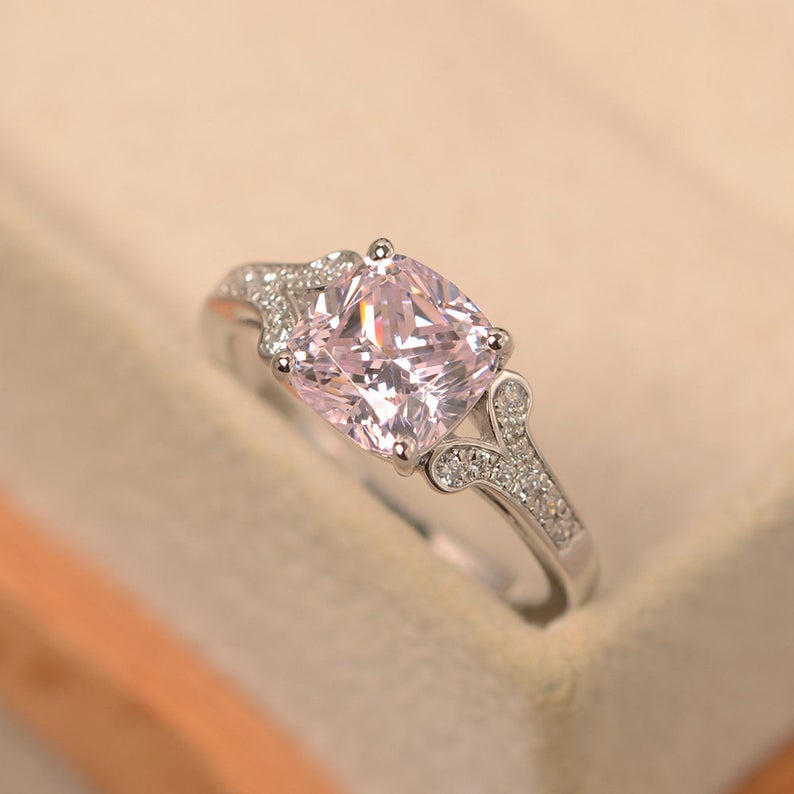 2.10 Ct Cushion Cut Pink Sapphire 925 Sterling Silver Solitaire W/Accents Engagement Ring