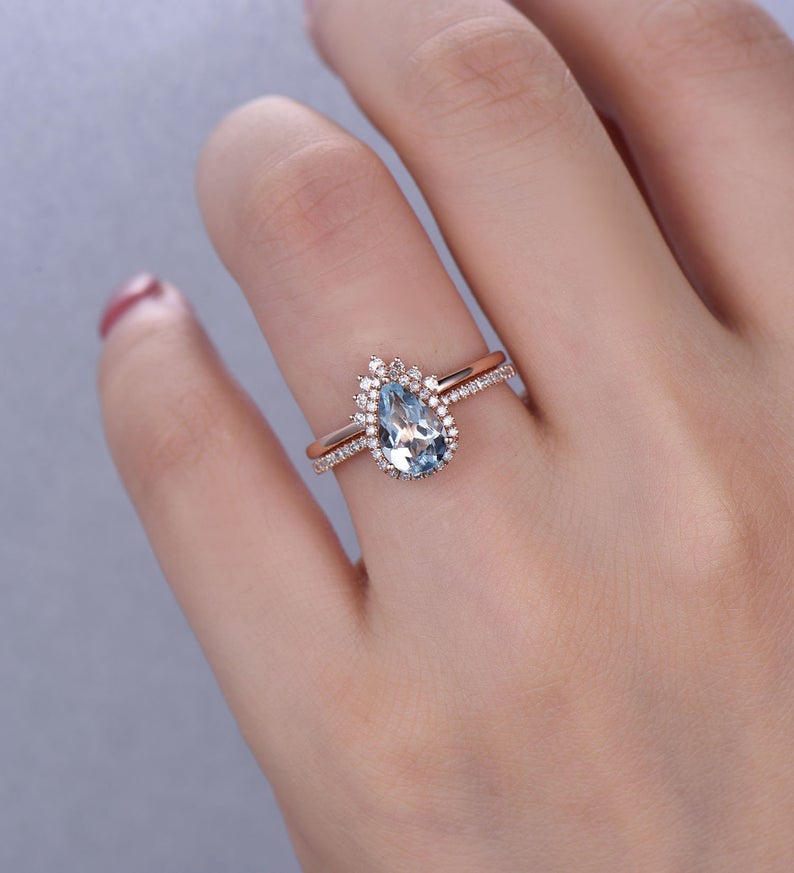 2 CT Pear Cut Aquamarine Diamond Rose Gold Over On 925 Sterling Silver Halo Wedding Bridal Ring Set