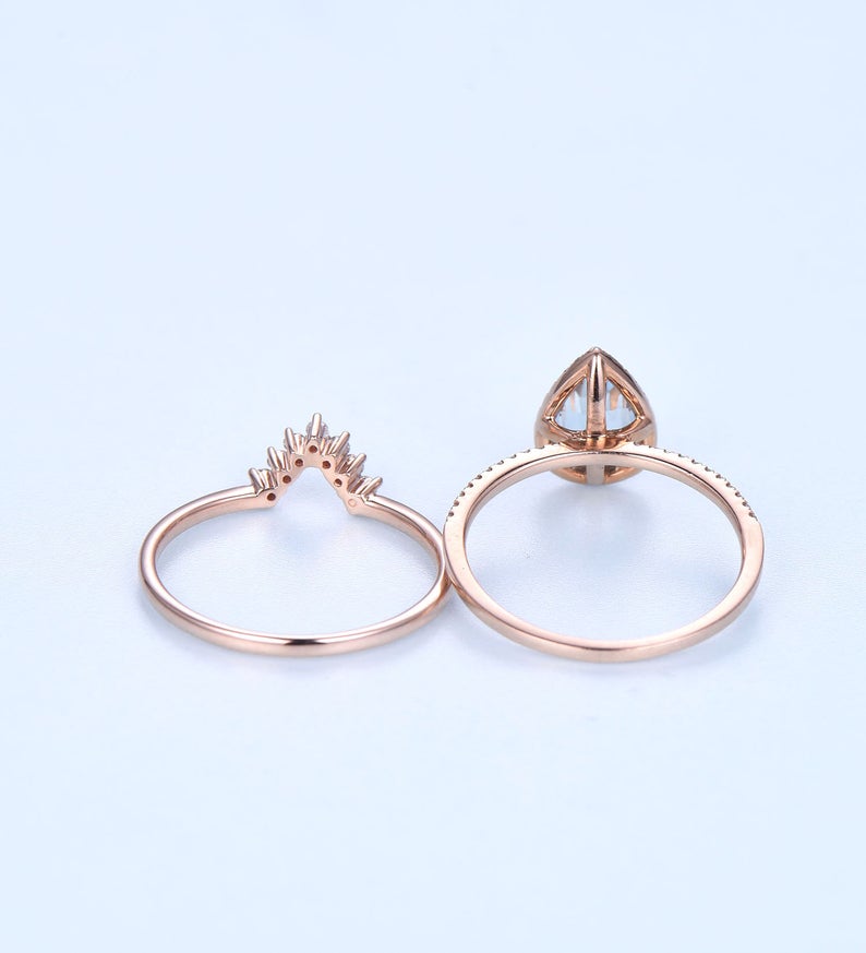 2 CT Pear Cut Aquamarine Diamond Rose Gold Over On 925 Sterling Silver Halo Wedding Bridal Ring Set