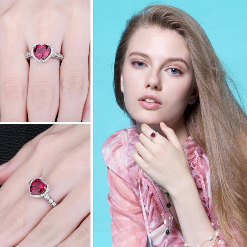 1 CT Heart Cut Red Ruby Diamond 925 Sterling Silver Halo Ring Valentine's Gift