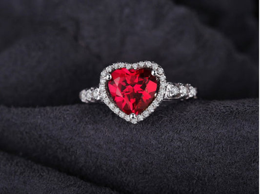 1 CT Heart Cut Red Ruby Diamond 925 Sterling Silver Halo Ring Valentine's Gift