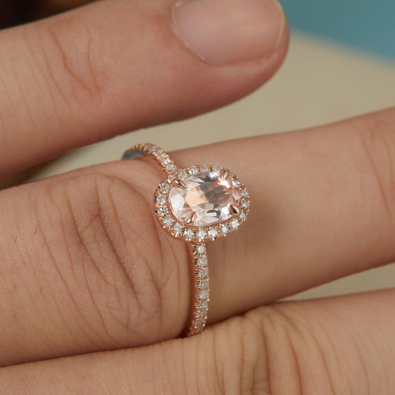 1 CT Oval Cut Peach Morganite Diamond Rose Gold Over On 925 Sterling Silver Halo Wedding Ring
