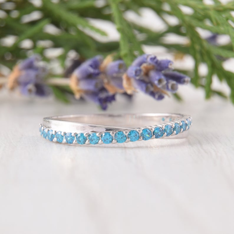 0.75 CT Round Cut Blue Topaz Diamond 925 Sterling Silver Half Eternity Women Wedding Band Ring