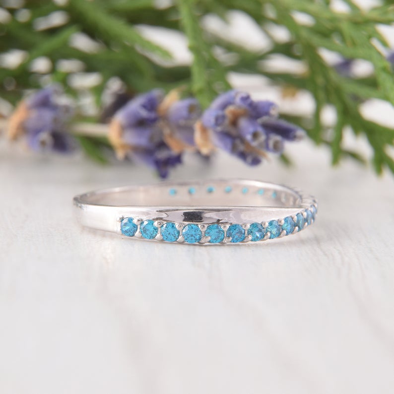 0.75 CT Round Cut Blue Topaz Diamond 925 Sterling Silver Half Eternity Women Wedding Band Ring