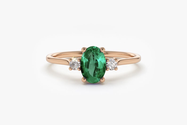 1 CT Oval Cut Green Emerald  Diamond Rose Gold Over On 925 Sterling Silver Three Stone Promise Ring