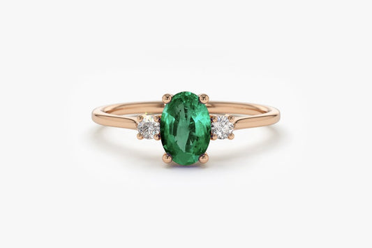 1 CT Oval Cut Green Emerald  Diamond Rose Gold Over On 925 Sterling Silver Three Stone Promise Ring