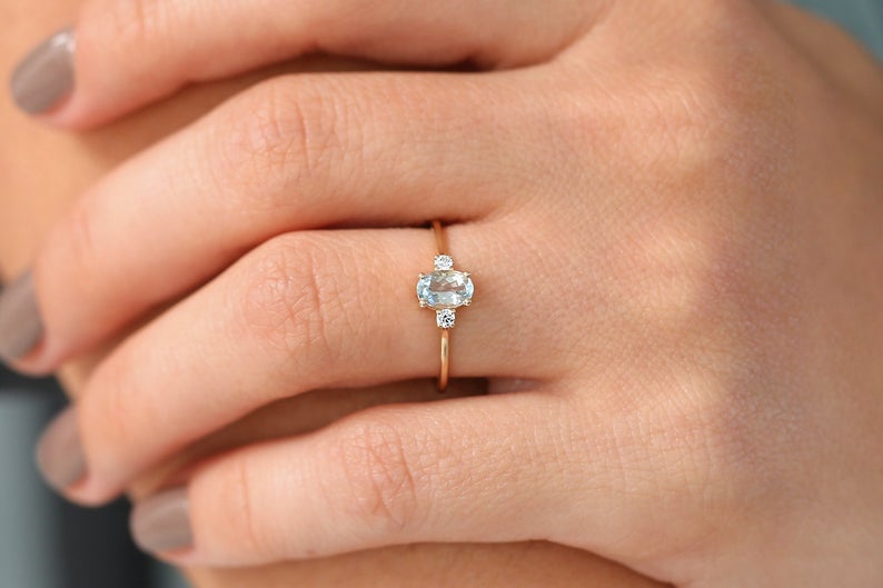 1 CT Oval Cut Aquamarine Diamond Rose Gold Over On 925 Sterling Silver Three Stone Promise ring - atjewels.in