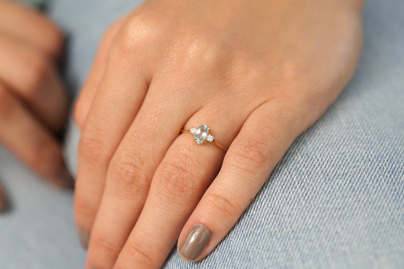 1 CT Oval Cut Aquamarine Diamond Rose Gold Over On 925 Sterling Silver Three Stone Promise ring - atjewels.in