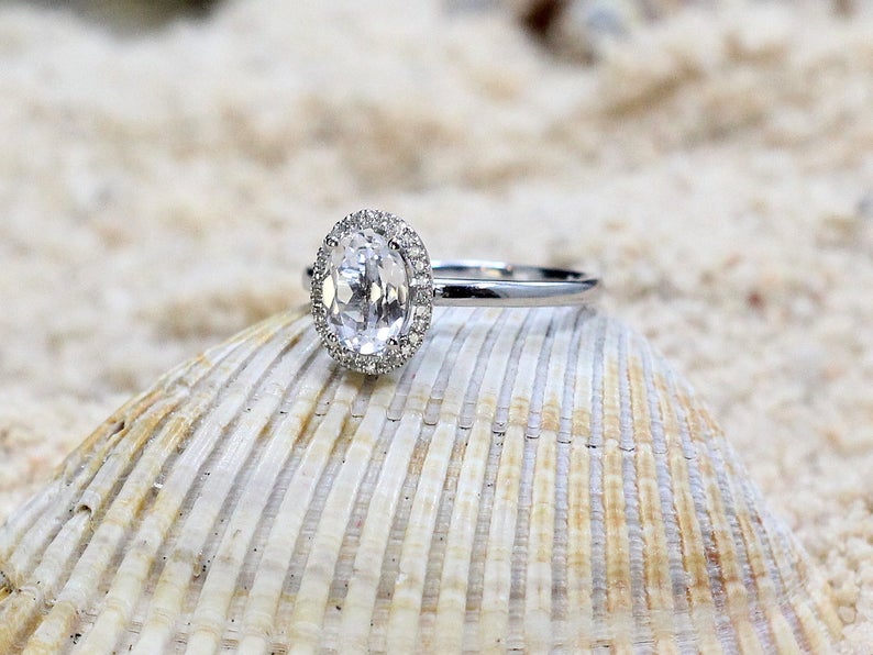 1 CT Oval Cut White Topaz & Diamond 925 Sterling Silver Halo Engagement Ring